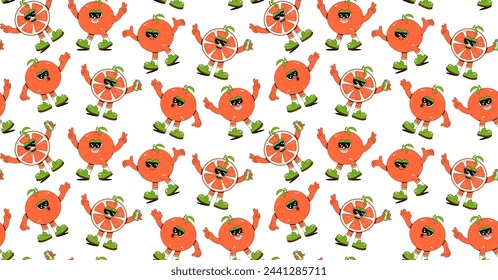 Trendy seamless fruit pattern in vintage retro linear style in bright colors. Retro 70s art character label background illustration. Fun colorful groovy grapefruit print.