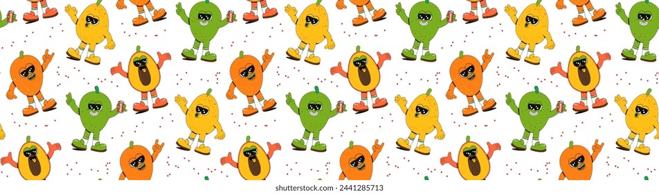 Trendy seamless fruit pattern in vintage retro linear style in bright colors. Retro 70s art character label background illustration. A fun, colorful, groovy mango print.