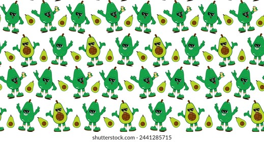Trendy seamless fruit pattern in vintage retro linear style in bright colors. Retro 70s art character label background illustration. Fun colorful groovy avocado print.