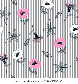 Trendy Seamless garden flowers  pattern on grey and white stripes. Leaves  illustration. Modern graphics. blooming floral,for fashion fabric and all prints hand drawing style