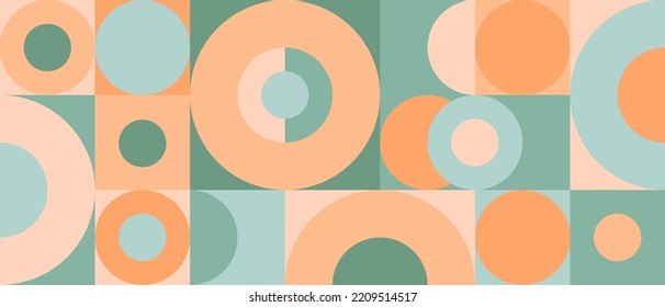 Trendy seamless geometric background with circles in retro
scandinavian style, modern cover pattern. Graphic pattern of simple shapes in pastel colors, abstract mosaic.