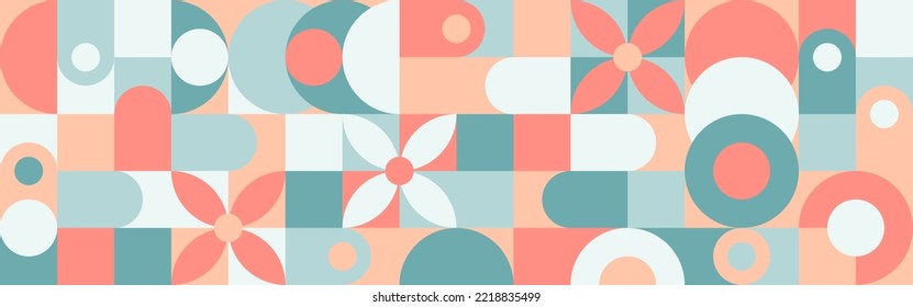 Trendy seamless geometric background with circles in retro
scandinavian style, modern cover pattern. Graphic pattern of simple shapes in pastel colors, abstract mosaic.