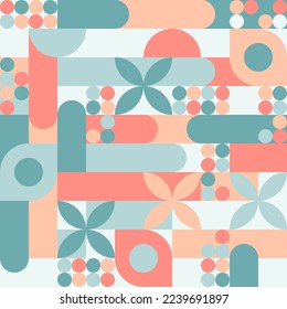 Trendy seamless geometric background with circles in retro
scandinavian style, modern cover pattern. Graphic pattern of simple shapes in pastel colors, abstract mosaic.