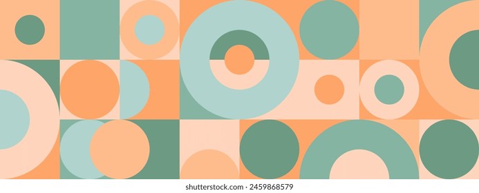 Fondo geométrico sin costuras de moda con círculos en estilo escandinavo retro, patrón de cubierta moderna. Patrón gráfico de Formas simples en colores pastel, mosaico abstracto.