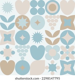 Patrón geométrico moderno de cuadrados y círculos, dibujo plano de dibujos animados fondo verano. Figuras naturales minimalistas de formas simples en tonos pastel.