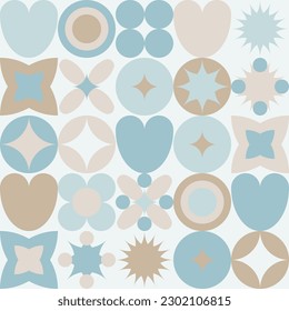 Trendy seamless geometric pattern of squares and circles, flat cartoon sketch summer background. Minimalistic natural figures of simple shapes in pastel shades.