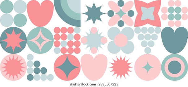 Trendy seamless geometric pattern of squares and circles, flat cartoon sketch summer background. Minimalistic natural figures of simple shapes in pastel shades.