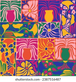 Trendy seamless groovy floral pattern with 60s vibe. Modern naive funky interior decorations, paintings. Vector art illustration.