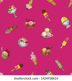 Trendy seamless  with hand drawing ice cream . For printed t shirt, graphic tee, wallpaper and other design.