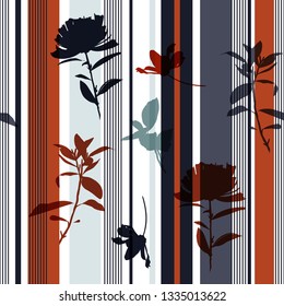 Trendy Seamless Hand Drawn  silhouette flower and  leaves Pattern on retro colorful stripes Print vector design for fashion , fabric, wallpaper, and all prints