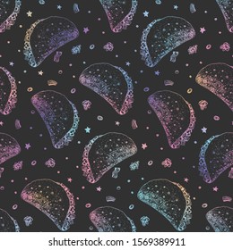 Trendy seamless holographic pattern with colorful outline sketch mexican taco on black background. Galaxy pop art tacos and stars texture for fast food textile, wrapping paper, package, menu banners