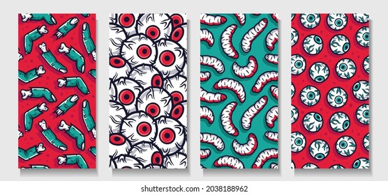 Trendy seamless horror zombie patterns. Set of halloween endless texture of zombie eyes and maggots for wallpaper