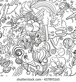 Trendy seamless images in the style of doodle art. Summer mix of animals, ice cream, sweets and rainbow. Fun texture, cartoon style. White version