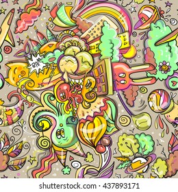 Trendy seamless images in the style of doodle art. Summer mix of animals, ice cream, sweets and rainbow. Fun texture, cartoon style