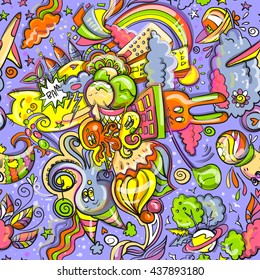 Trendy seamless images in the style of doodle art. Summer mix of animals, ice cream, sweets and rainbow. Fun texture, cartoon style