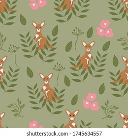 Trendy seamless with kangaroos and flowers. Fabric design with cute kangaroos, plants and flowers. Vector cute repeat pattern for fabric, wallpaper or wrapping paper.