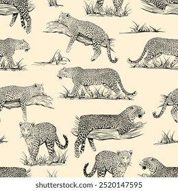 Patrón de leopardo sin costuras de moda gatos salvajes dibujados a mano que descansan en los troncos y caminan a través de la hierba. Elegante diseño negro para textiles, Fondo de pantalla, accesorios de moda. Aislado sobre fondo beige