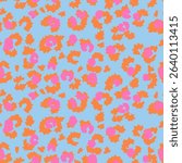 Trendy seamless leopard print vector pattern with a sky blue background, vivid orange outlines, and pink accents. Perfect for fashion, kids wear, stationery, and playful branding projects.