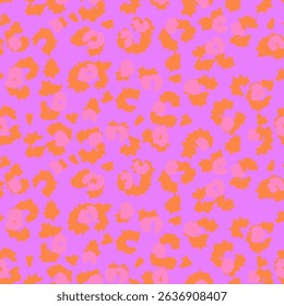 Trendy seamless leopard print vector pattern with a violet background, vivid orange outlines, and pink accents. Perfect for fashion, kids wear, stationery, and playful branding projects.