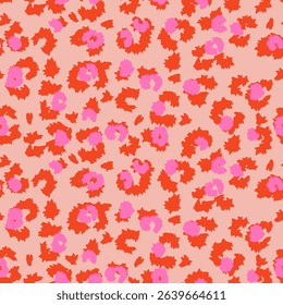 Trendy seamless leopard print vector pattern with a beige background, vivid red outlines, and pink accents. Perfect for fashion, kids wear, stationery, and playful branding projects.
