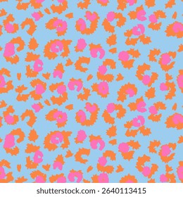 Trendy seamless leopard print vector pattern with a sky blue background, vivid orange outlines, and pink accents. Perfect for fashion, kids wear, stationery, and playful branding projects.