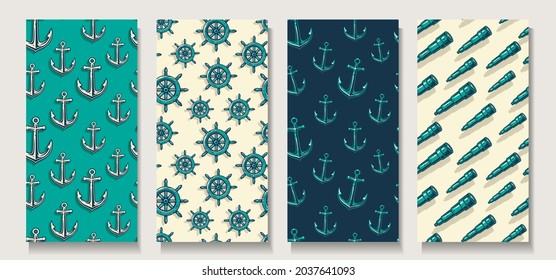 Trendy, nahtlose Marinemuster. Set von Navigationshintergründen für Columbus-Tag. endlose Textur, nautischer Hintergrund
