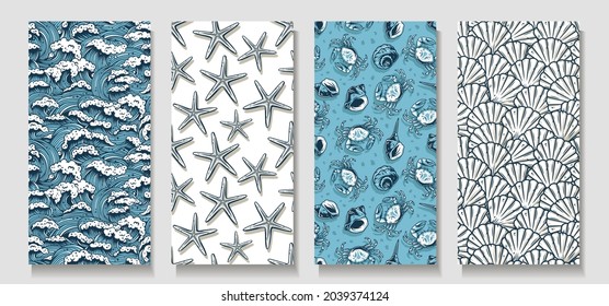 Trendy seamless marine patterns. Set of navigation backgrounds for columbus day. Endless texture, nautical wallpaper