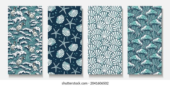 Trendy seamless marine patterns. Set of navigation backgrounds for columbus day. Endless texture, nautical wallpaper