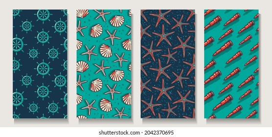 Trendy seamless marine patterns. Set of navigation backgrounds for columbus day. Endless texture, nautical wallpaper