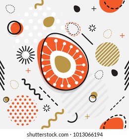 A la moda sin fisuras, estilo Memphis patrón geométrico de Pascua, ilustración vectorial con elementos de línea y figuras geométricas. Diseño de fondo para invitación, plantilla de folleto Moda Memphis