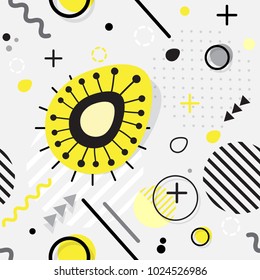 A la moda sin fisuras, estilo Memphis patrón geométrico de Pascua, ilustración vectorial con elementos de línea y figuras geométricas. Diseño de fondo para invitación, plantilla de folleto Moda Memphis