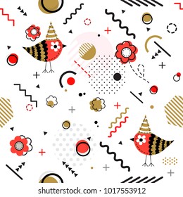 Trendy seamless, Memphis style geometric pattern with flower and bird, vector illustration with line elements and abstract geometric figures. Design backgrounds for brochure and promotion template