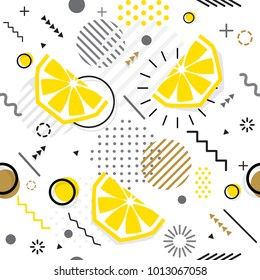 Trendy seamless, Memphis style lemon geometric pattern, vector illustration with line elements and  geometric figures. Design backgrounds for invitation, brochure template Memphis fashion