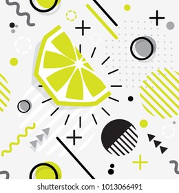 Trendy seamless, Memphis style  lime geometric pattern, vector illustration with line elements and  geometric figures. Design backgrounds for invitation, brochure template Memphis fashion 80's