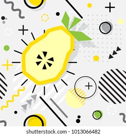 Trendy seamless, Memphis style pear geometric pattern, vector illustration with line elements and  geometric figures. Design backgrounds for invitation, brochure template Memphis fashion