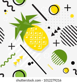 Trendy seamless, Memphis style pineapple geometric pattern, vector illustration with line elements and  geometric figures. Design backgrounds for invitation, brochure and promotion template Memphis 