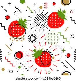 Trendy seamless, Memphis style strawberry geometric pattern, vector illustration with line elements and  geometric figures. Design backgrounds for invitation, brochure template Memphis fashion