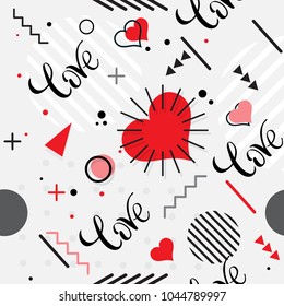 Trendy seamless, Memphis style Valentines geometric pattern, vector illustration with line elements and abstract geometric figures. Design backgrounds for  brochure, and promotion template Memphis 
