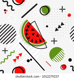 Trendy seamless, Memphis style watermelon geometric pattern, vector illustration with line elements and  geometric figures. Design backgrounds for invitation, brochure and promotion template Memphis