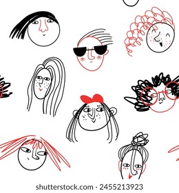 Trendy seamless minimalistic pattern: hand-drawn faces. Vector illustration for fabric.