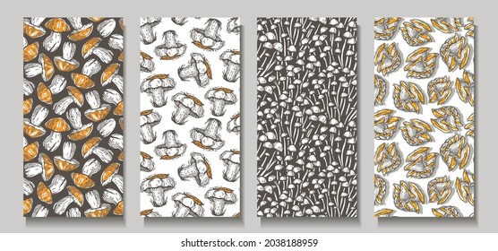 Trendy seamless mushrooms patterns. Set of fungi vegan food backgrounds. Endless texture with boletus and champignon for wallpaper