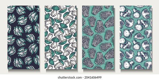Trendy seamless mushrooms patterns. Set of fungi vegan food backgrounds. Endless texture with boletus and champignon for wallpaper