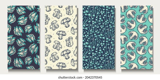 Patrones modernos de setas sin costura. Montaje de hongos vegetales. Textura sin fin con boletus y campeón para papel tapiz