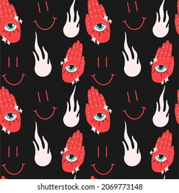 Trendy seamless ornament with various elements. Hand, eye, fire, smile. Modern flat design, hand-drawn, cartoon. Template for fabrics, covers, postcards and more.