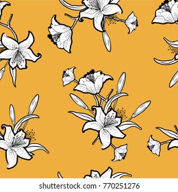 Trendy seamless outline monotone flowers with vivid yellow background