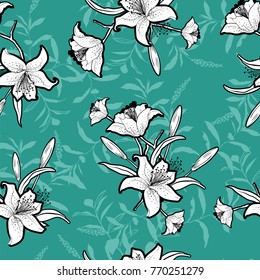 Trendy seamless outline monotone flowers with vivid green mint color and green leaves background