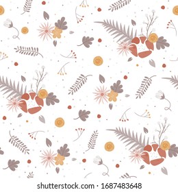 Trendy seamless pastel floral pattern with flowers and branches. Ideal for use as a print on fabrics, clothes, dresses, wallpapers, invitations, wrapping paper, postcards and more