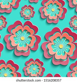 Trendy nahtlose Muster mit abstraktem 3D-Sakura-Blütenpapier. Grüner Hintergrund mit dekorativem Rosa, roter Blume, japanischer Kirschbaum. Blumenmotive, moderne Tapete. Grafikdesign, Vektorillustration 