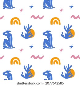 Patrón de moda sin fisuras con mujeres abstractas azules o figura femenina y corte orgánico de formas y formas inspiradas en Matisse. Ilustración vectorial en estilo plano para papel envolvente, papel textil, papel tapiz.