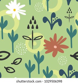 Trendy seamless pattern with abstract flowers drawn by hand. Floral sketch, doodle. Fashionable vector illustration. Green, blue, black, brown, white colors.